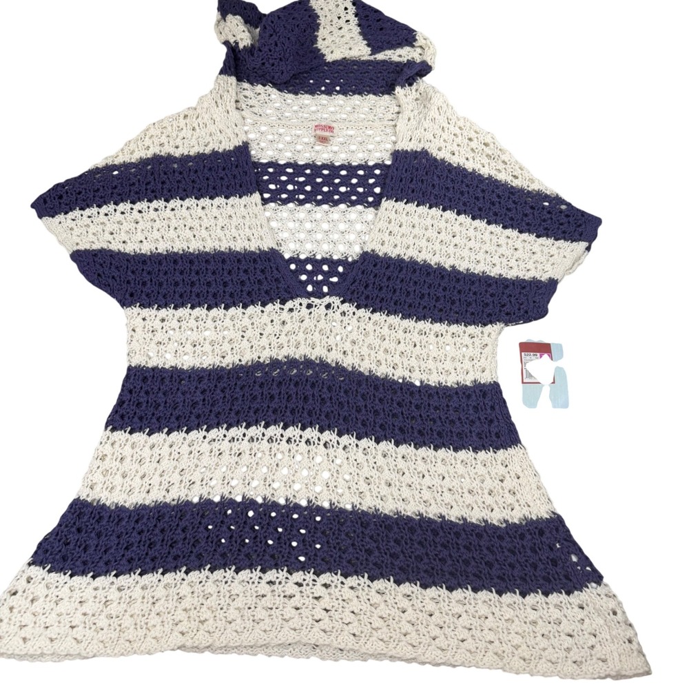 Mossimo‎ XXL Striped Crochet Hooded Beach Cover Up Pullover Blue Cream NEW